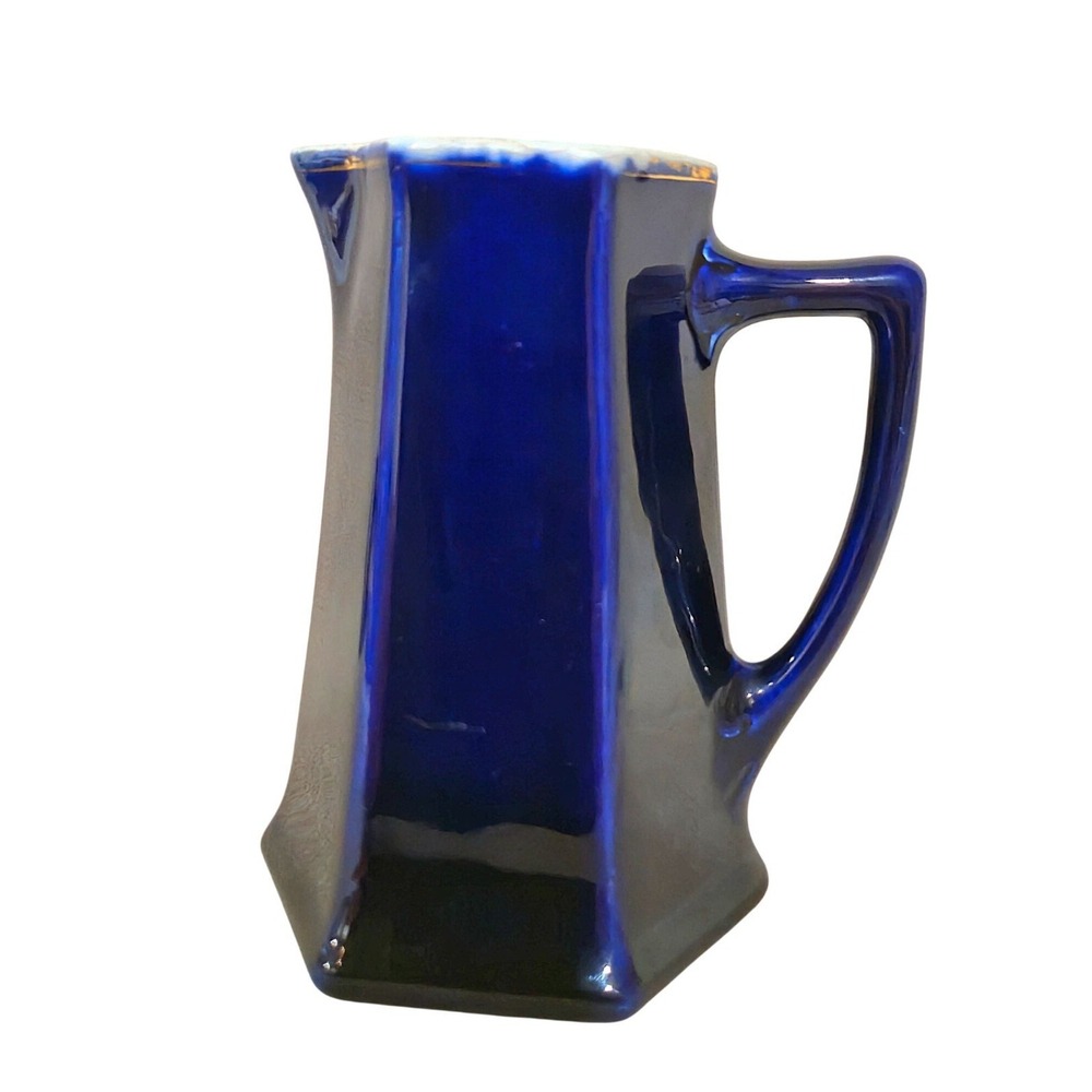 Antique Cobalt Blue Hexagonal Ceramic Mini Pitcher With Handle / 5" Tall